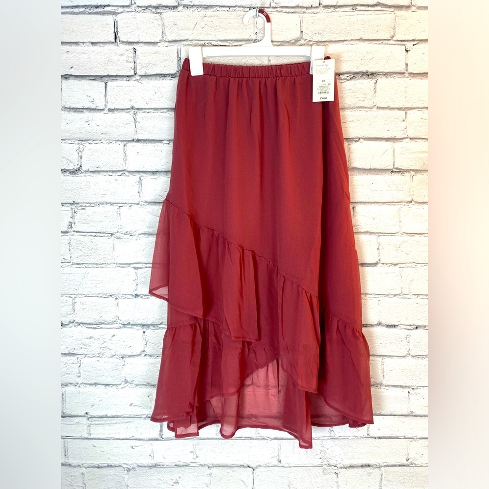 A New Day Pink Tiered Ruffle Boho Mid Length Skirt Elastic Waist Size XS/Small
